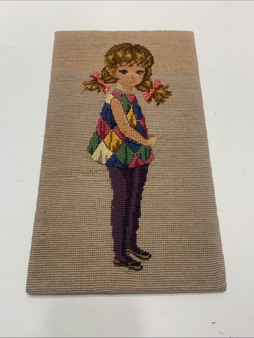 Handmade Needlepoint Girl Wall Hanging - Multicolor Harlequin Dress